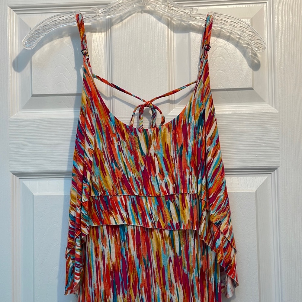 Vibrant multicolored maxi dress with tiered fabric bust line. Size S